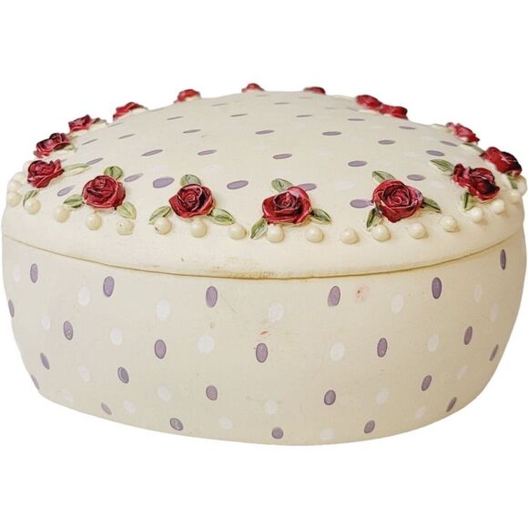 Vintage Large Heart Shaped Lidded Trinket Box With 3D Flowers Hand Painted - Picture 3 of 14